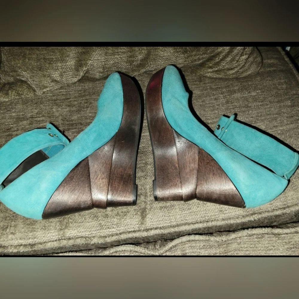 Diane Von Furstenberg Teal Suede Wedge Heels Sz 7 - Picture 4 of 9